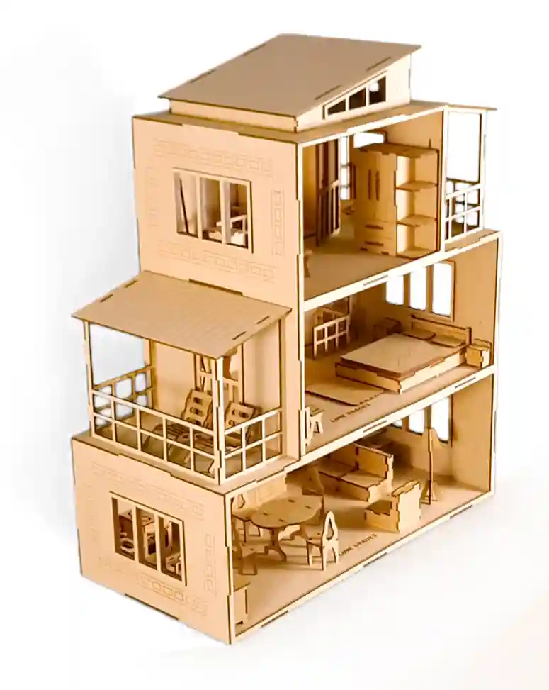 Full ready wooden 3 storey dollhouse with set of 31 miniature furniture, colors and brush