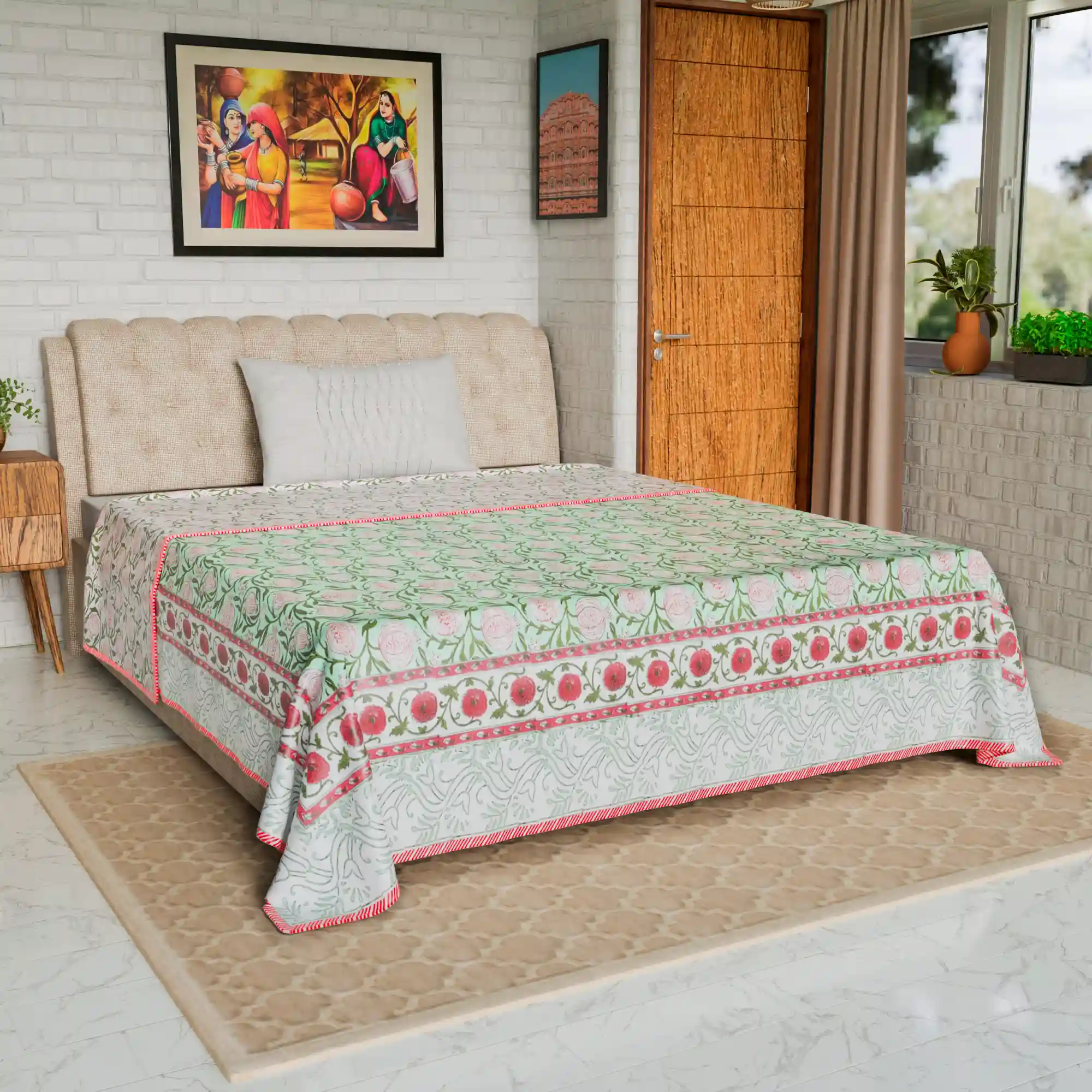 Jaipur Dohar Hand Block Printed Single Bed Cotton Dohar - Red Green Anar