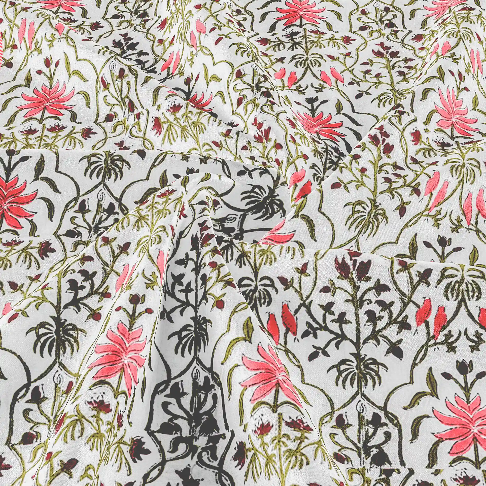 Jaipur Dohar Hand Block Printed Single Bed Cotton Dohar - Grey Red Floral