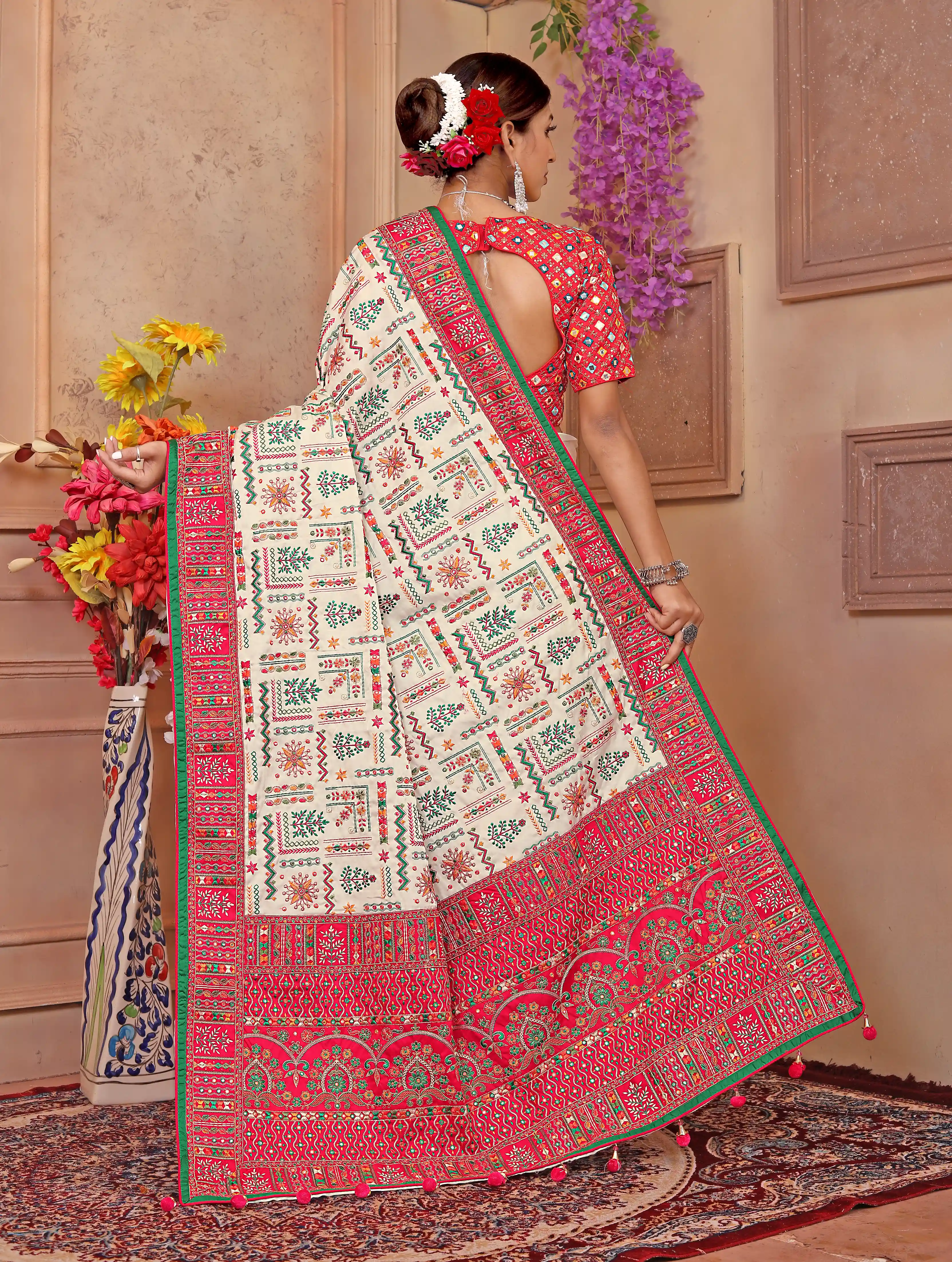 Embroidered Gaji White Silk Saree - Pink