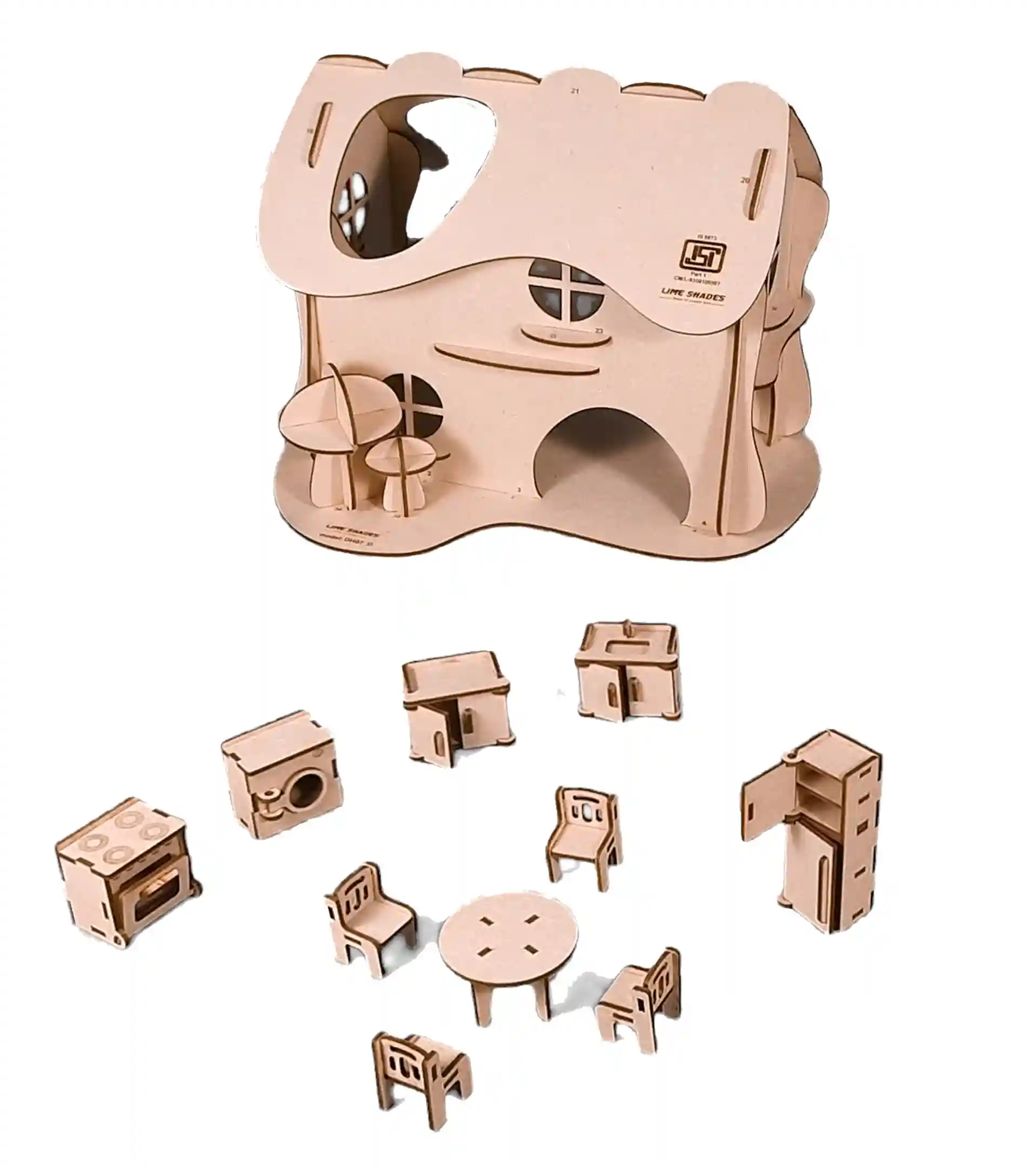 Mushroom dollhouse with set of 10 miniature furnitures