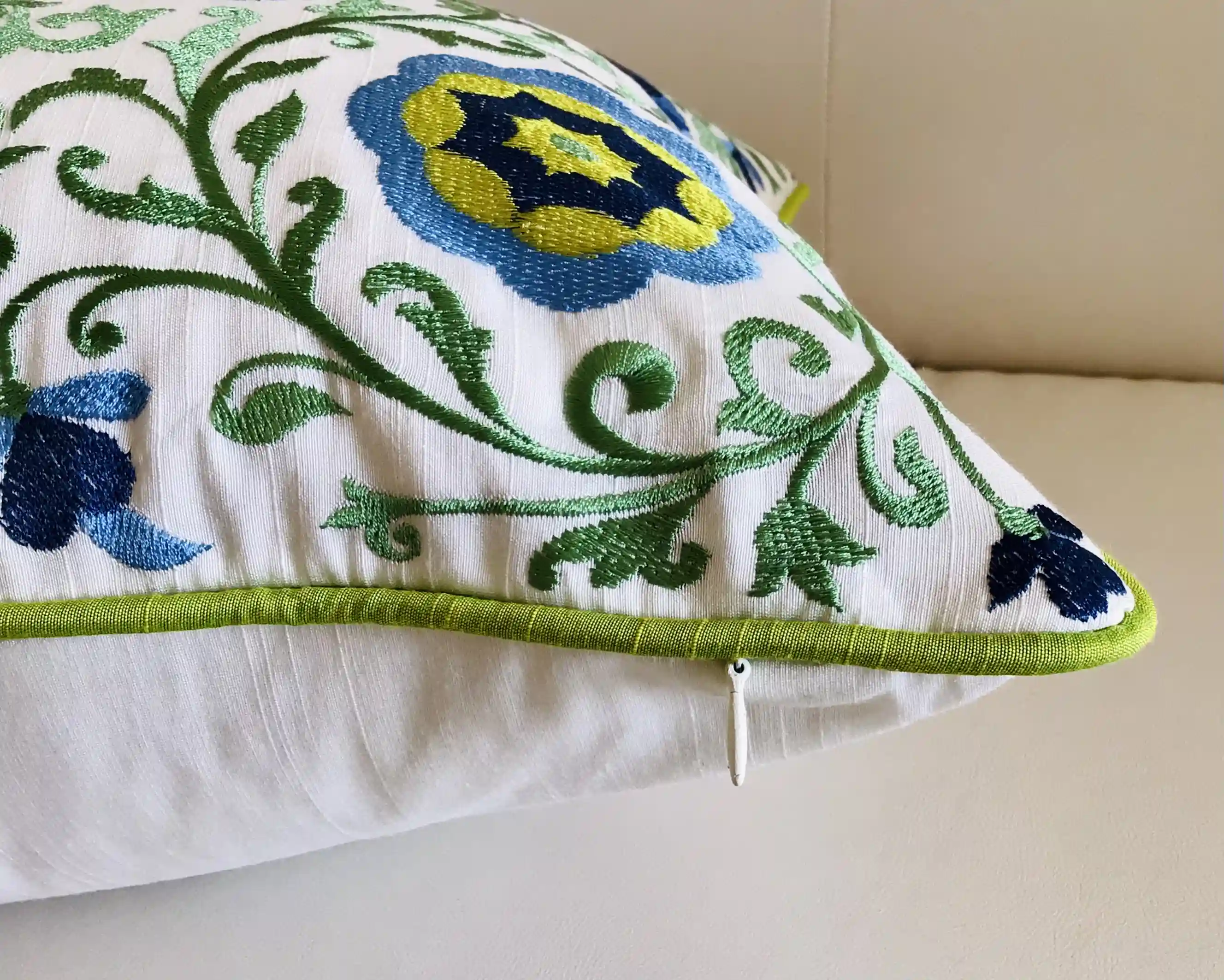 Shaan-e-Gulmarg-  Embroidered Cotton Silk Cushion Cover- Blue & Green- Set of 2