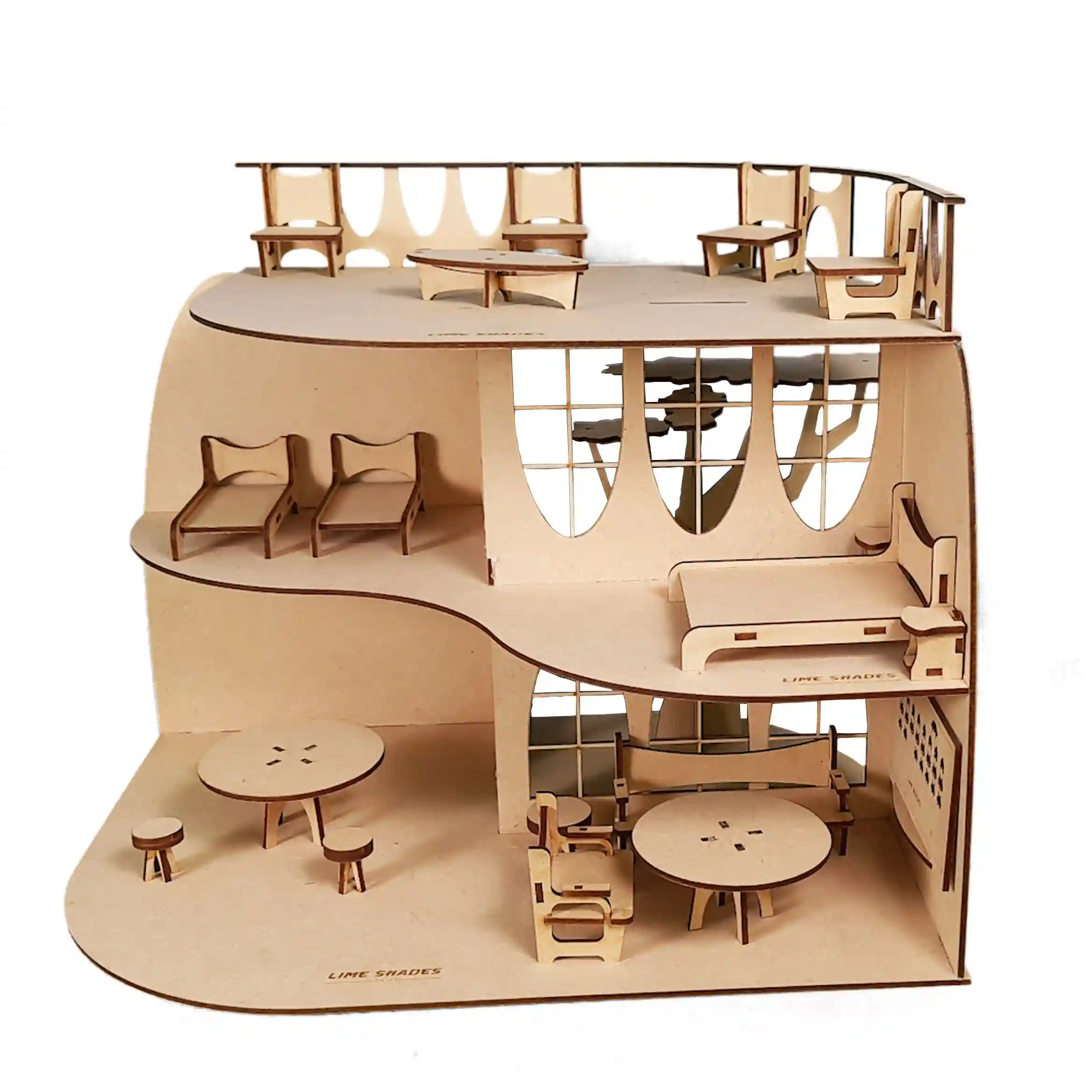 DIY Wooden 2-storey dollhouse with set of 16 dollhouse accessories and a tree
