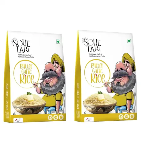 SoulTari Ready to Eat Butter Garlic Rice | Fluffy white Basmati rice tempered with Garlic and Butter | Just Heat and Eat | 500 Gram