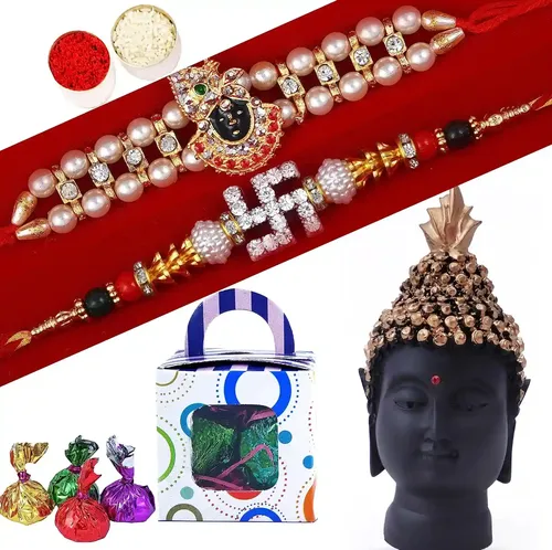 Rakhi For Brother With Chocolate/Rakhi Combo/Rakhi Gift For Brother/Set Of 2 Rakhi For Brother-2 Premium Rakhi+Handcrafted Chocolates For brother's Showpiece Figurine+Roli, Chawal+Rakhi Card