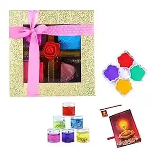 Mantouss Cute Diwali Chocolate Hamper+ 2 Glass Candles Filled with Gel, Greeting Card and Rangoli Colours