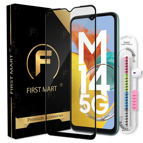 FIRST MART Premium Tempered Glass for Samsung Galaxy M14 5G / Samsung A14 5G / Samsung F14 5G with Edge to Edge Coverage and Cable Protector and Easy Installation Kit, Pack of 1