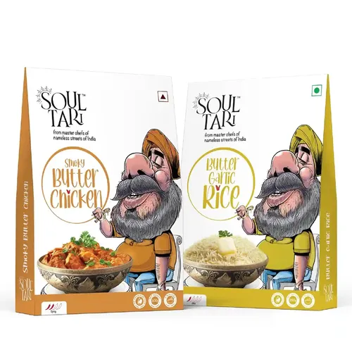SoulTari Combo of Ready To Eat Smoky Butter Chicken and Butter Garlic Rice 550g | Ready To Eat | Succulent Chunks Of Boneless Chicken In a Smoky Tomato Gravy With Fluffy Basmati rice with Garlic | Just Heat and Eat | Pack of 2