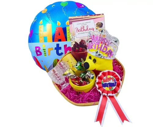Birthday Chocolate Gift-Pen Stand With Chocolates+Birthday Balloon+Birthday Batch+2 Shot Glasses+Scented Candle+Crown+Birthday Card