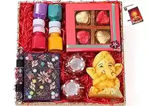 Diwali gift hampers box/Diwali gifts for corporate employees-1 designer tray+Handmade chocolate box+4 decorated diya for Diwali decoration+figurine showpiece+rangoli colours+Diwali greeting card