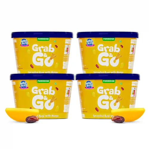 Bebe Burp Travel Pack Grab & Go | Sprouted Ragi with Mango | No Preservatives No Salt | Lightly Sweetened with Date Powder | Made with Ragi, 30gm each (Pack of 4)| 120gms