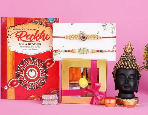 Rakhi For Brother/Rakhi For Brother With Gift/Rakhi For Brother And Bhabhi/Rakhi Gift-2 Kundan Rakhi+Chocolate Box In A Handmade Box+Showpiece Figurine+Roli, Chawal+Rakhi Greeting Card