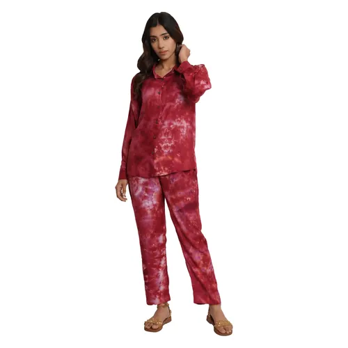 Maroon Tie And Dye Rayon Short Co-Ord Set (Set of 2)