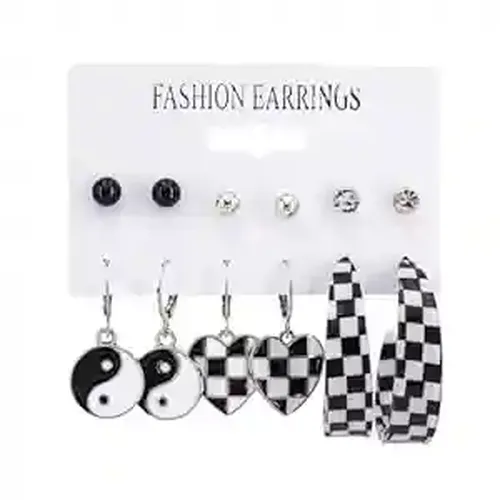 Checkered Black & White Earring Set (Set of 6pairs)