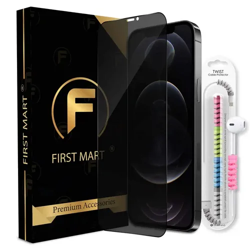 FIRST MART Privacy Tempered Glass for iPhone 12 Pro Max Edge to Edge Full Screen Coverage & Cable Protector & Easy Installation Kit