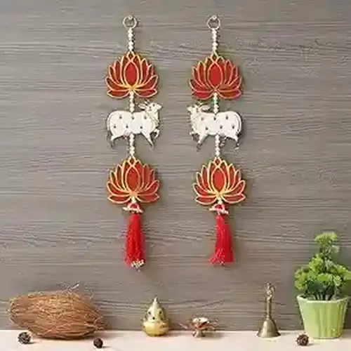 WEBELKART Lotus Flower Door & Wall Hanging for Diwali Decoration| Wall Decor |Temple Decor Wall Hanging Home and Office Decor (Wood Set of 2) 18" Inches