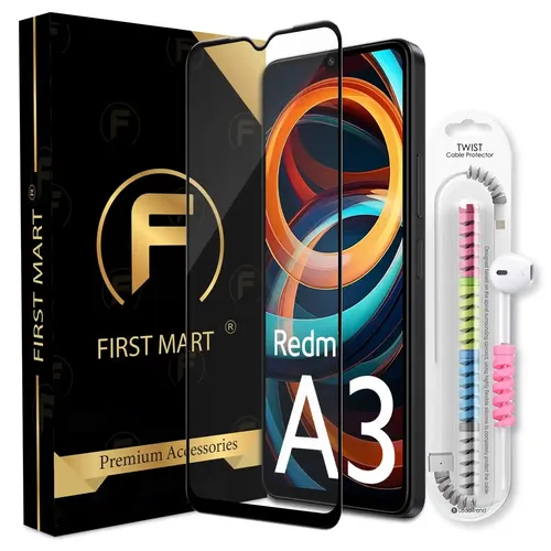 FIRST MART Premium Tempered Glass for Redmi A3 5G with Edge to Edge Coverage and Cable Protector and Easy Installation Kit, Pack of 1
