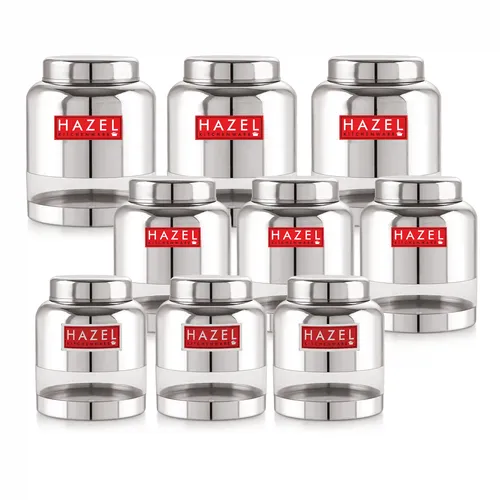 HAZEL Stainless Steel Kitchen Containers I Barni Shape Transparent Container with Glossy Finish | Multipurpose Storage Box for Kitchen Set of 9