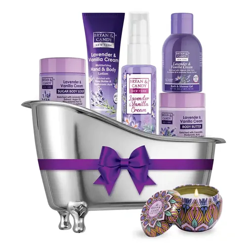 Bryan & Candy Lavender Bath Tub Kit Gift For Men & Women , Complete Home Spa Experience |Shower Gel, Hand & Body Lotion, Sugar Scrub, Fragrance Body Mist, Body Butter & Scented Candle