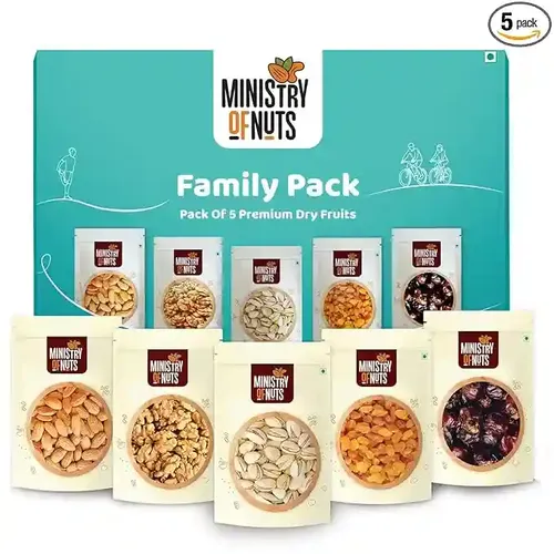 Ministry Of Nuts Family Pack Of 5 Premium Dry Fruits Almonds 150G, Walnuts 125G, Pistachios 125G, Raisins 175G And Dates 175G In Different Combos Total 750G