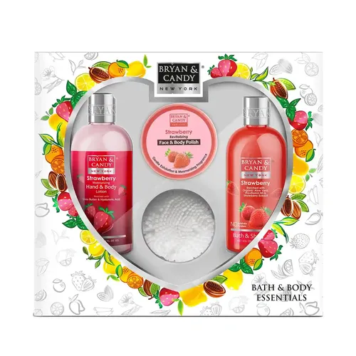Bryan & Candy Strawberry Heart kit Combo ,Gift Set For Women and Men, Shower gel, Hand & Body Lotion, Body Polish, Loofah | 100% Vegan, Skin-Friendly pH 5.5, SLS & Paraben Free