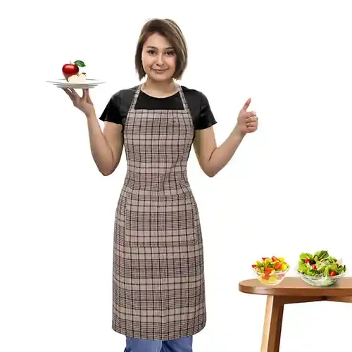 Oasis Brown Mini Checked Cotton Kitchen Apron |Free Size | Comfortable To Wear With Center Pocket |Pack Of 1