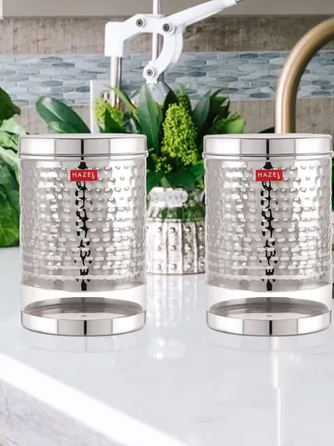 HAZEL Stainless Steel Container For Kitchen Storage Hammered Finish Transparent See Through Glossy Storage Jar Dabba, Set of 2, 2200 ML, Silver