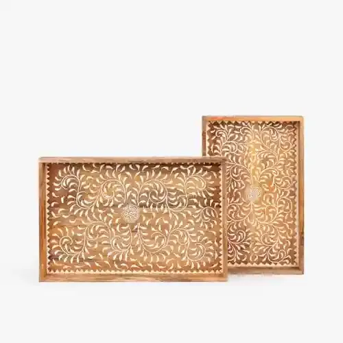 CASA DECOR Rustic Floral Handcrafted Wooden Serving Tray
