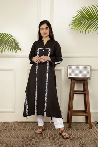 Black Shibori Tie And Dye Cotton A-Line Kurta