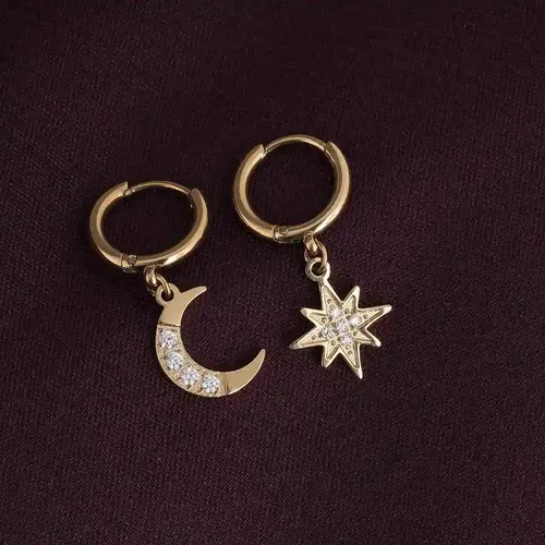 Palmonas 18K Gold Plated Studded Star Moon Hoop Earrings For Womens Waterproof & Anti-Tarnish