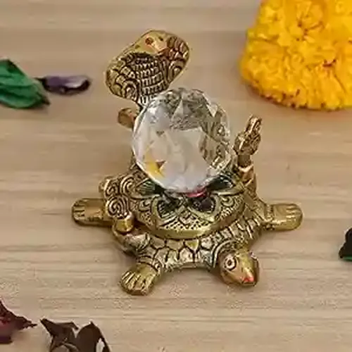 WEBELKART Premium Gold Metal Cystal Ball and Naag Devta with Kachua Showpiece Antique Naag Mani Showpiece for Home and Pooja Room | Diwali Corporate Gifting| Diwali Gifting Items