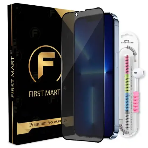 FIRST MART Privacy Tempered Glass for iPhone 13 Pro Max / 14 Plus Edge to Edge Full Screen Coverage & Cable Protector & Easy Installation Kit
