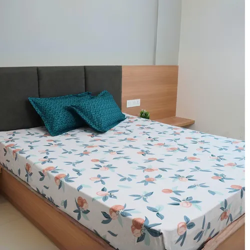 TC Cotton Feel bed sheet for Double Bed King Size with 2 Pillow Covers | 108 inch x 108 inch | Asian Floral | White