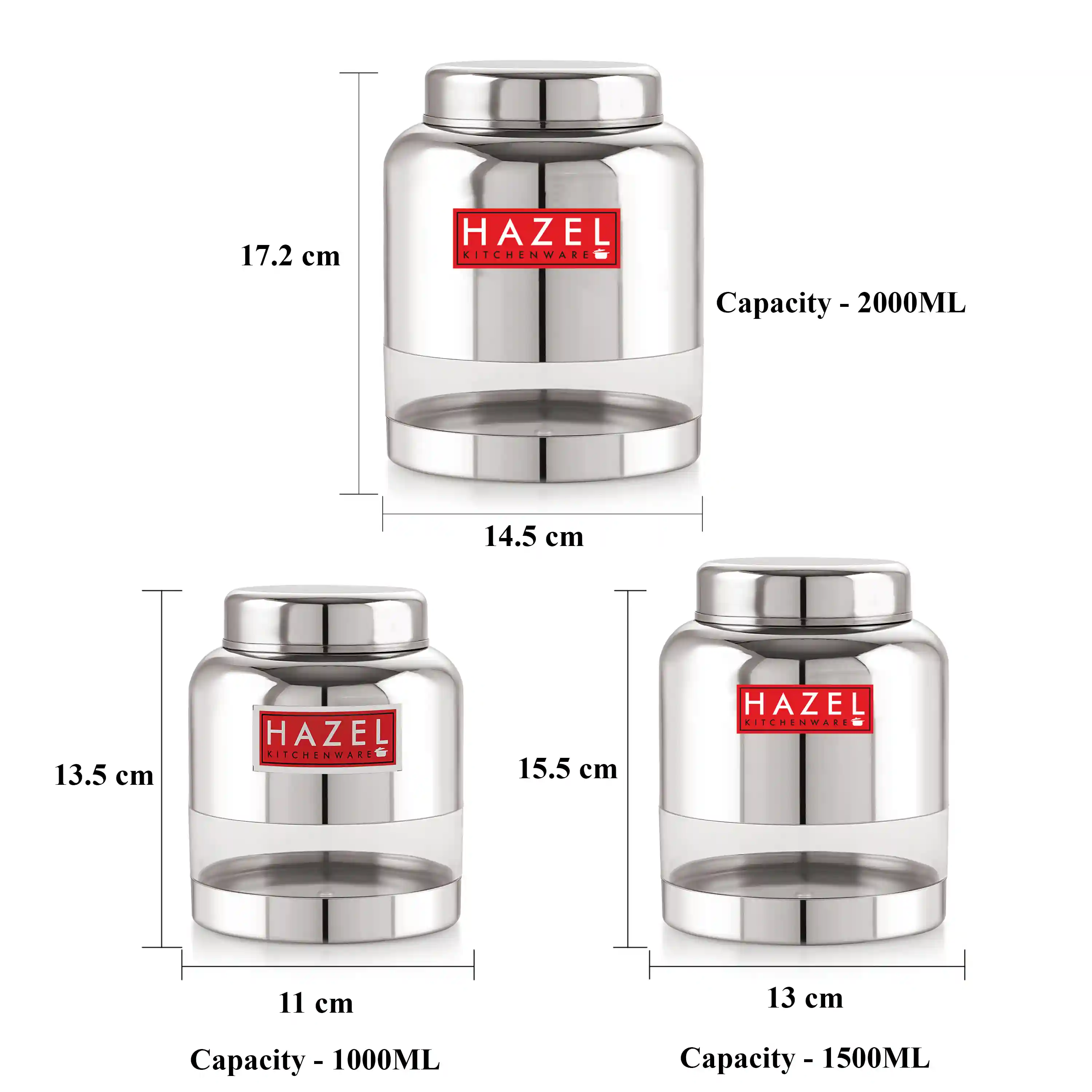 HAZEL Stainless Steel Kitchen Containers I Barni Shape Transparent Container with Glossy Finish | Multipurpose Storage Box for Kitchen Set of 9