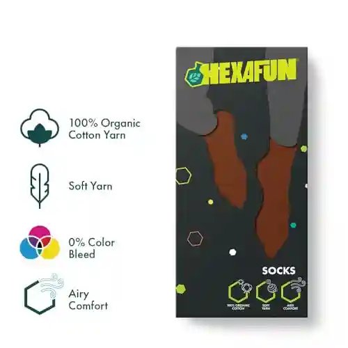 Hexafun Unisex Crew Length Socks - 100% Organic Pure Soft Cotton | Designer & Trendy Socks | Suitable for Daily Use | Airy Comfort | Free Size | Soft On Skin | Pack of 1 | Rusty Brown
