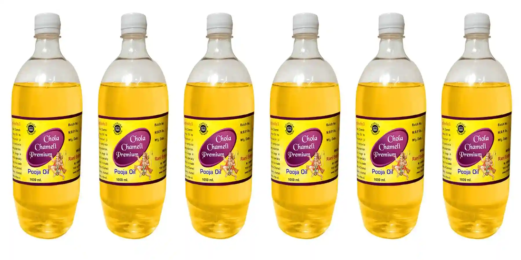 Devpusp Chola Chameli Premium Jasmine Pooja Oil 1000ML Pack of 6 for Hanuman Ji God Worship, Pooja, Hawan, Sankat Mochan Balaji Pooja Oil