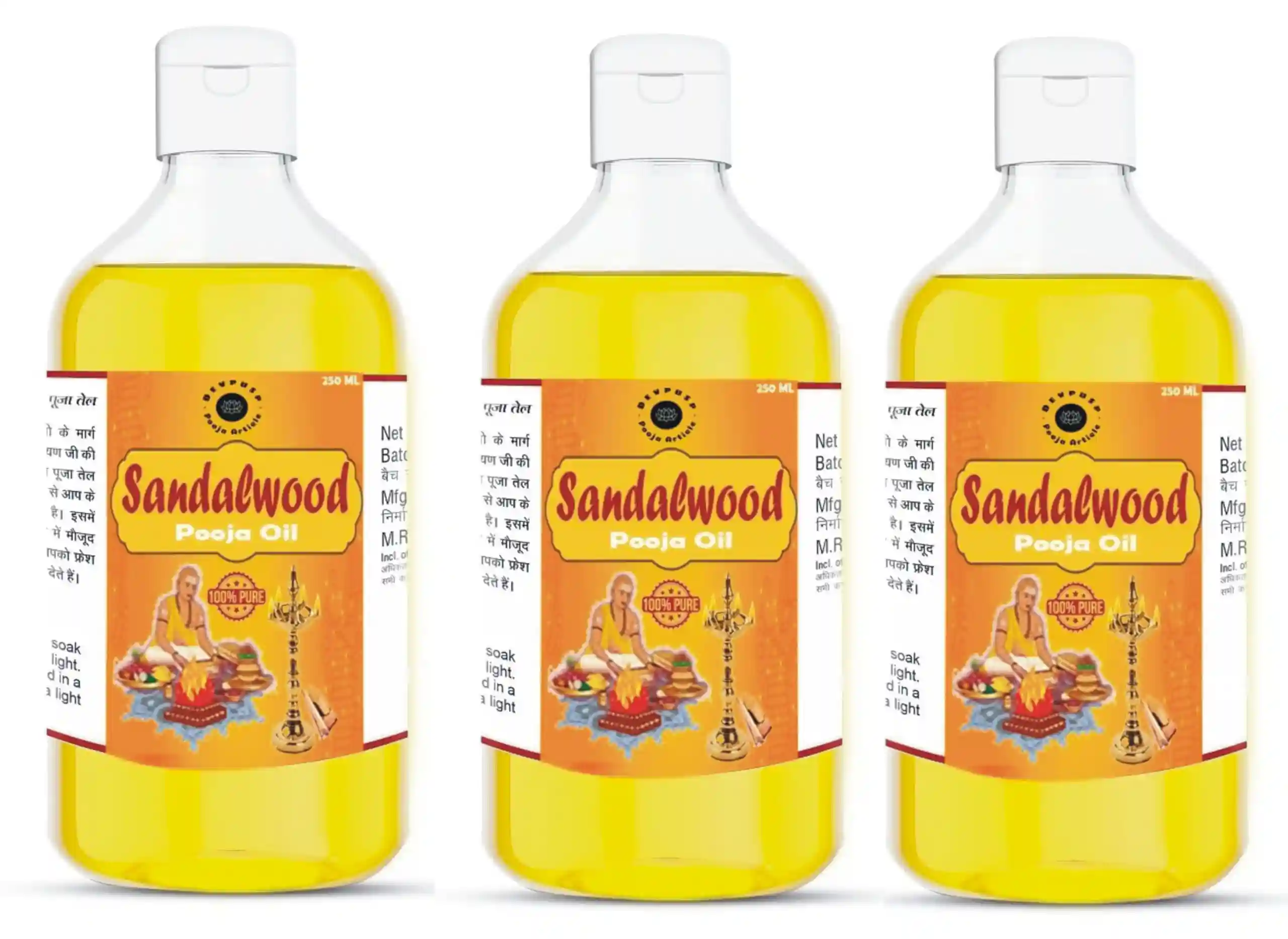 Sandalwood Chandan Pooja Oil 250 ML Pack of 3 for Hawan, Poojan, God Worship Lamp Diya Pooja Oil