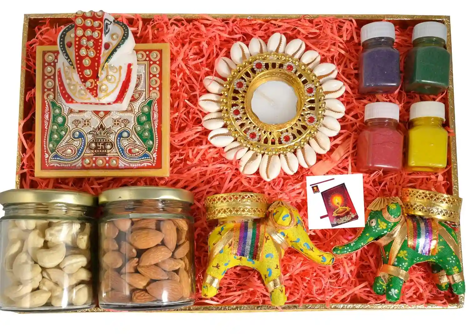 MANTOUSS diwali gifts/diwali gift hamper/diwali dry fruits gift box-decorated rectangular tray+jar of almond and cashew(100gms each)+Chowki ganesh+pair of hathi candle+kodi candle holder+Diwali card