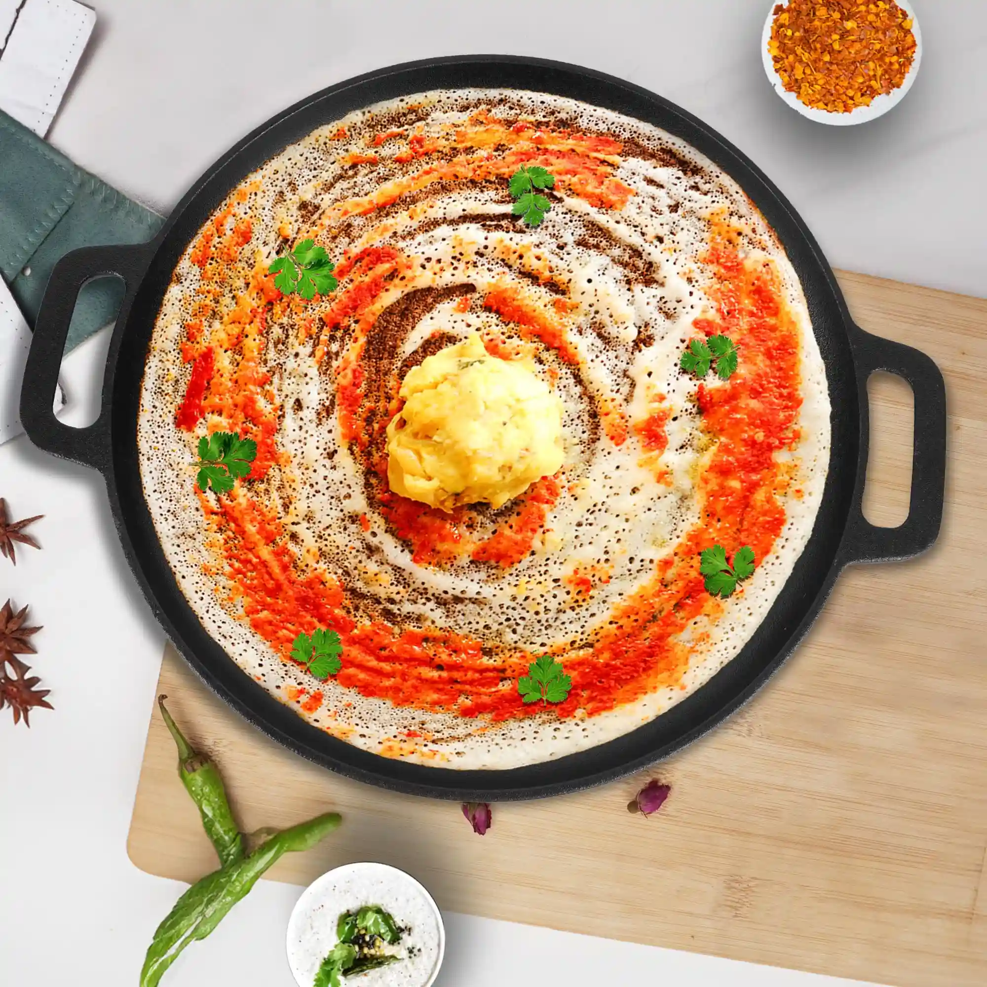 SOLARA Crownstone Premium Cast Iron Tawa for Dosa 12" Inch(30 CM) with 2 Loops, Tawa for Dosa, Uthappam, Roti, Chapati, Naan, Gas & Induction Friendly, Dosa Tawa Cast Iron, Cast Iron Cookware