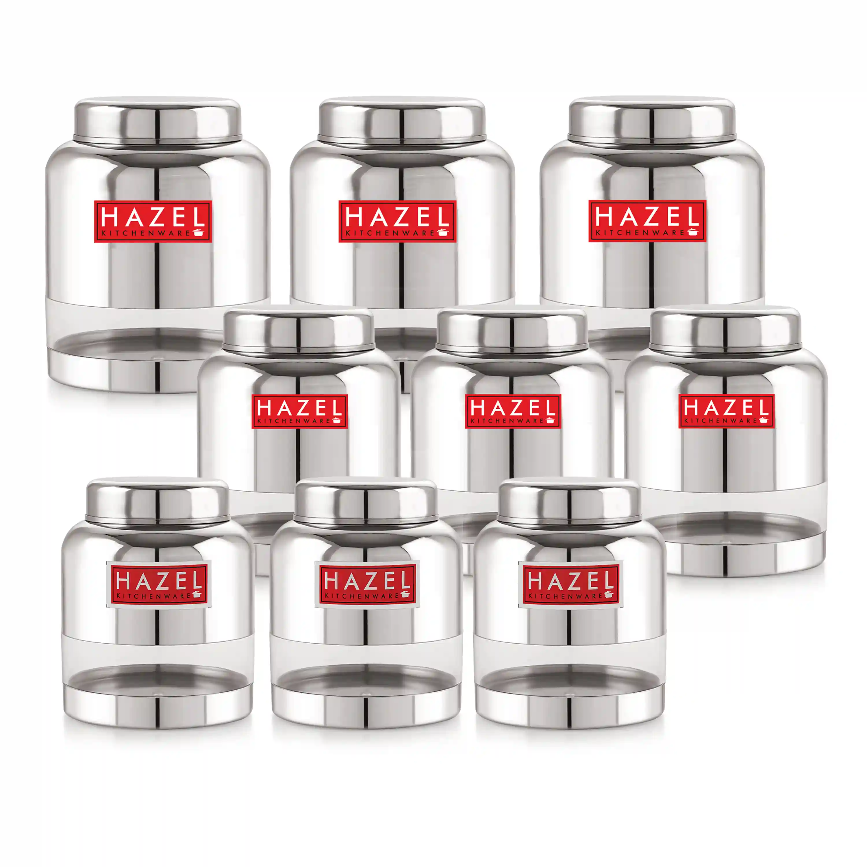 HAZEL Stainless Steel Kitchen Containers I Barni Shape Transparent Container with Glossy Finish | Multipurpose Storage Box for Kitchen Set of 9