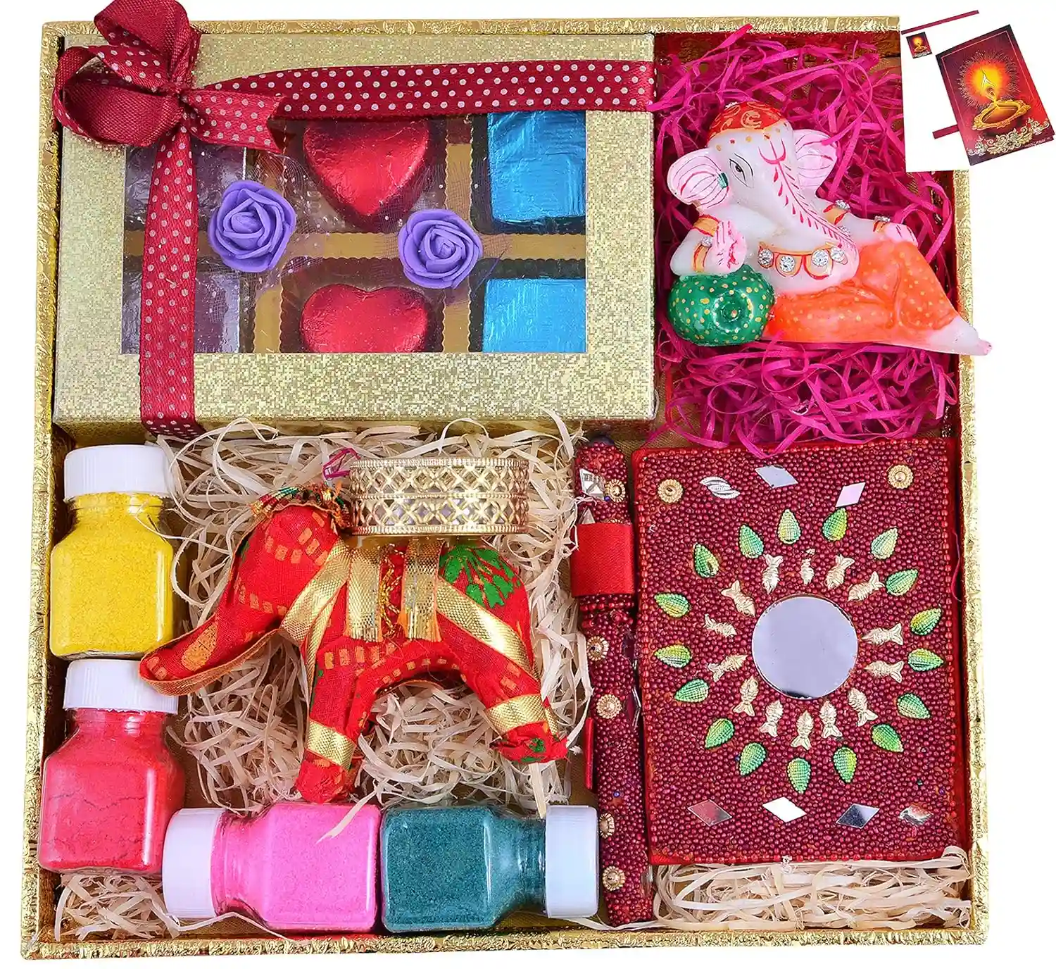 MANTOUSS Diwali chocolate gift pack-1 designer tray+1 Handmade chocolate box+1 Rajasthani diary and pen+1 murti of resting Ganesha+1 Elephant candle tealight stand+rangoli colours+Diwali greeting card