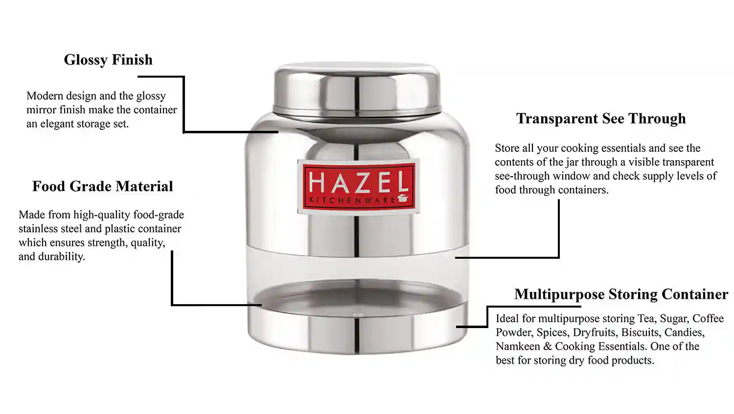 HAZEL Stainless Steel Kitchen Containers I Barni Shape Transparent Container with Glossy Finish | Multipurpose Storage Box for Kitchen Set of 9