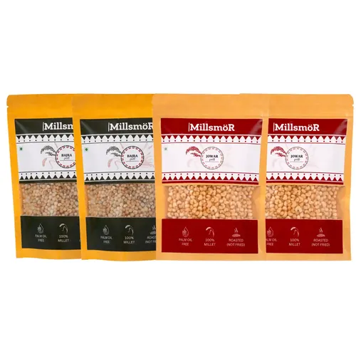 Millsmor Bajra & Jowar Puff Combo – Pack of 4 (50g x 4) | 2x Bajra Puff + 2x Jowar Puff | Roasted & Ready-to-Eat Millet Snacks | High Fiber & Protein | Gluten-Free, Vegan & Cholesterol-Free