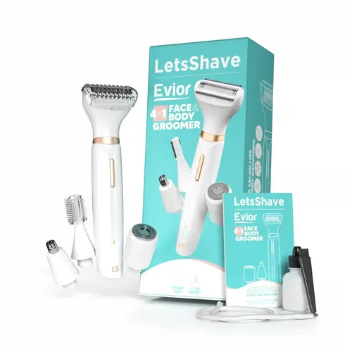 LetsShave Evior 4-in-1 Face & Body Trimmer for Women | 4 Heads - 6 Functions | Skin-Safe Blades for Face, Eyebrows, Bikini & Full Body Hair Removal | Rechargeable Groomer for All Body Parts