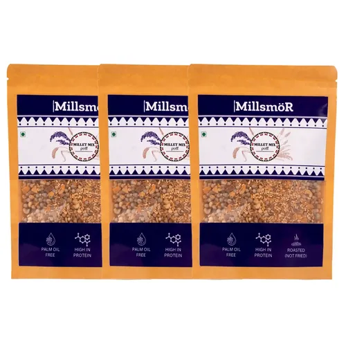 Millsmor Millet Mix Puff 50 grams (Pack of 3)| Roasted & Ready-to-Eat Snack | Blend of 7 Nutrient-Rich Millets | High in Fiber & Protein | Gluten-Free, Diabetic-Friendly | No Additives & Cholesterol-Free