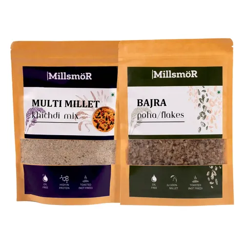 Millsmor Millet Mix Khichdi (500g) + Bajra Poha Flakes Pack of 1 (100g x 1) | Wholesome Combo | Ready-to-Cook Millet Meals | Gluten-Free, High-Fiber, Diabetic-Friendly, 100% Vegan & Additive-Free