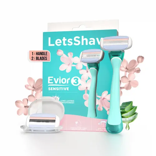 LetsShave Evior 3 Sensitive Shaving Razor for Women, 1 Handle + 2 Blades, Dual Lubrication Strip Infused with Aloe Vera & Avacado, Full Body Hair Removal Razor for Women