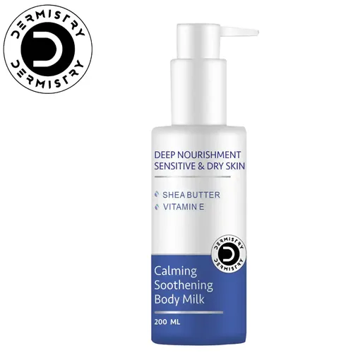 Dermistry Calming Soothing Body Milk Lotion Sensitive & Dry Skin Deep Nourishment Moisturizer Shea Butter, Vitamin E Non-Greasy, Repairs Smoothens Men Women 200 Ml