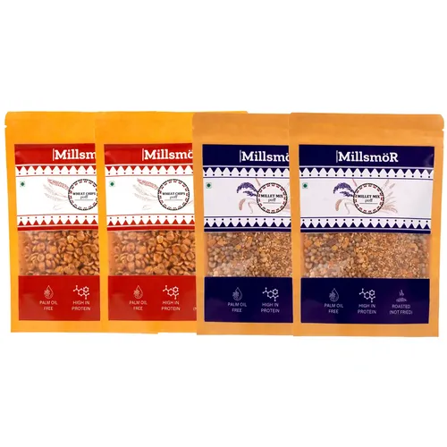 Millsmor Wheat Chips & Millet Mix Puff Combo – Pack of 4 (100g x 4) | 2x Wheat Chips Puff + 2x Millet Mix Puff | Roasted & Ready-to-Eat | High Fiber & Protein | Plant-Based, Diabetic-Friendly & No Additives