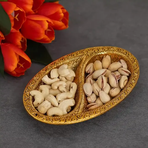 WEBELKART Premium Metal Dual Space Dry Fruit Serving Tray, Snacks, Floating Flowers for Home Decoration Table Dining Décor| Mouth Freshener Container| Diwali Decor Items